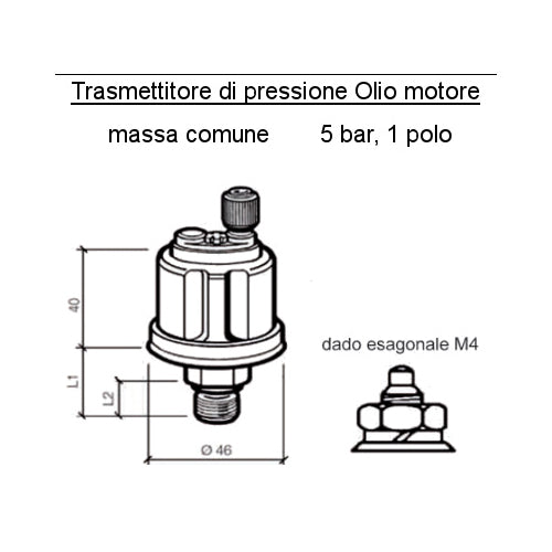 Sensore Pressione Olio Motore Barca Range 5 bar, M12 x 1.5, L1 20.5 mm, L2 12mm